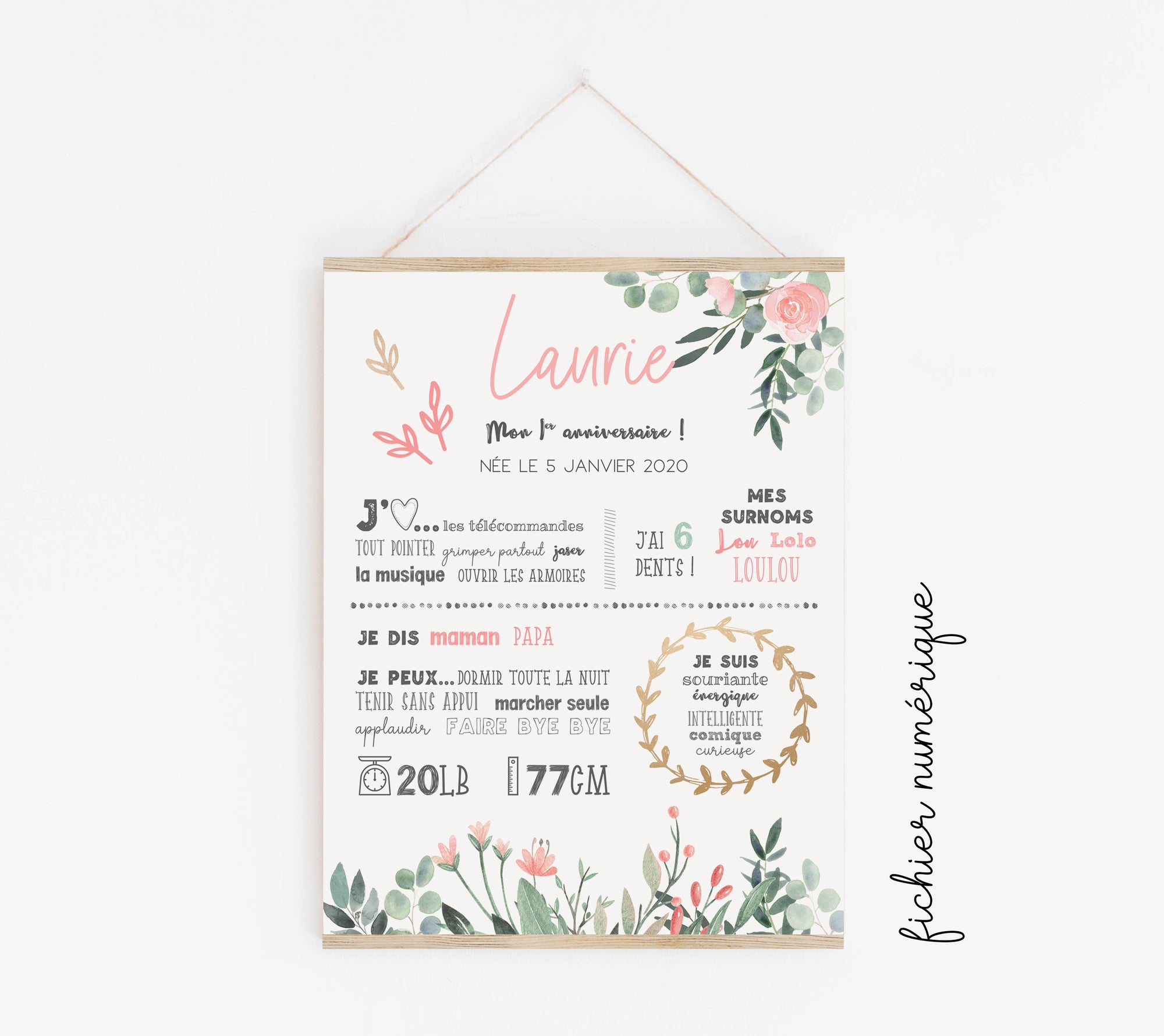 First birthday poster "Flowers and eucalyptus"
