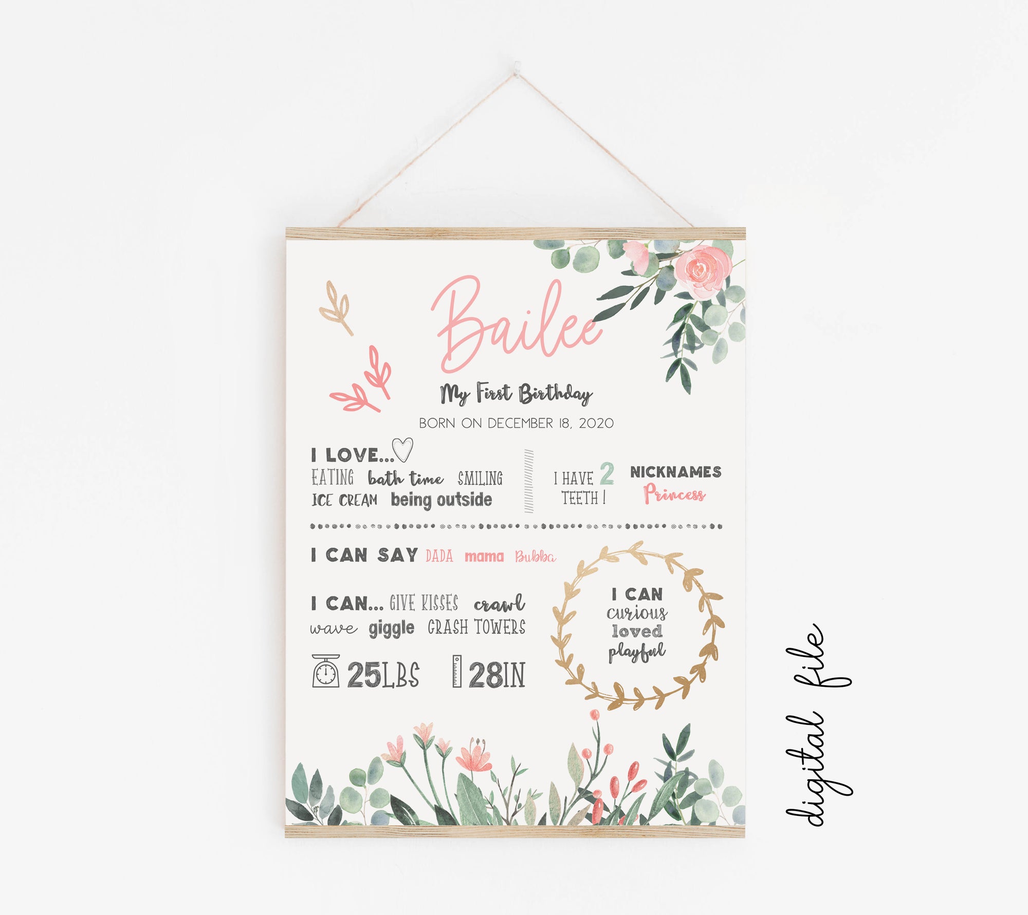 First birthday poster "Flowers and eucalyptus"