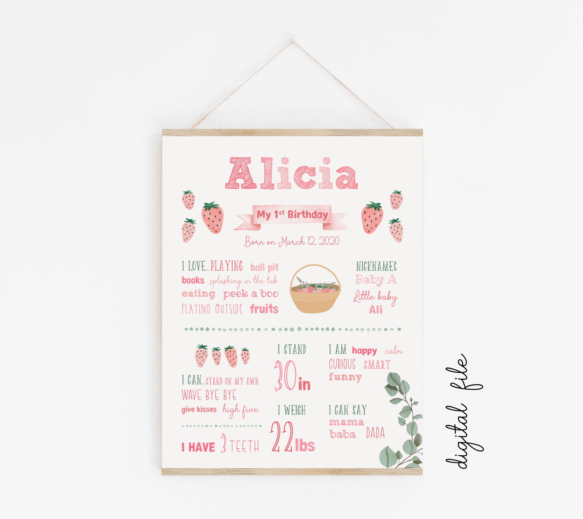 Strawberry first birthday poster