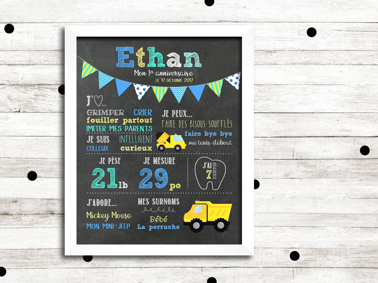 Affiche premier anniversaire "Camions de construction"