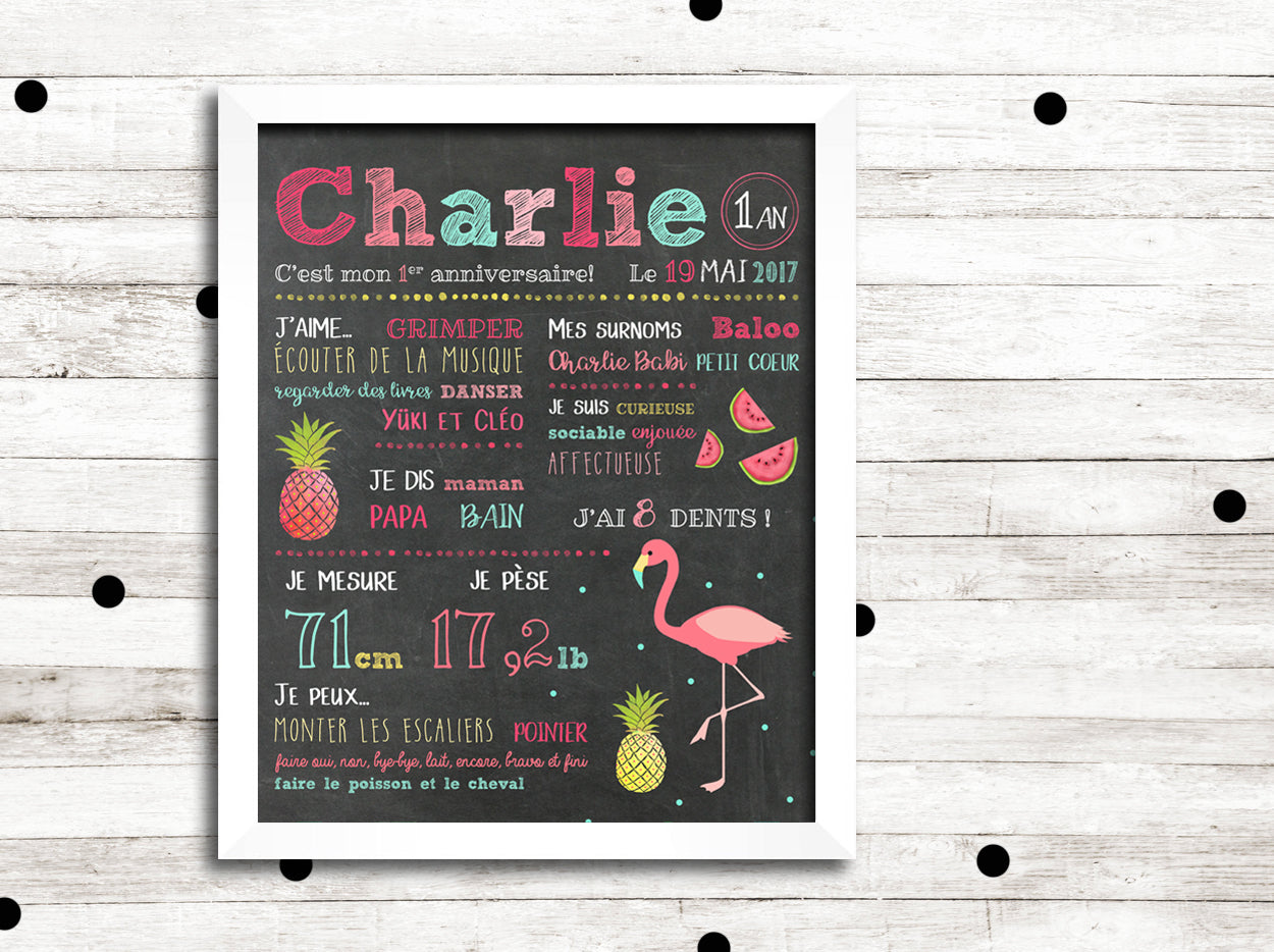Affiche premier anniversaire "Flamant rose et ananas"