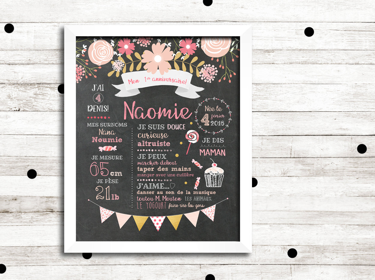 Affiche premier anniversaire "Fleurs et bonbons"