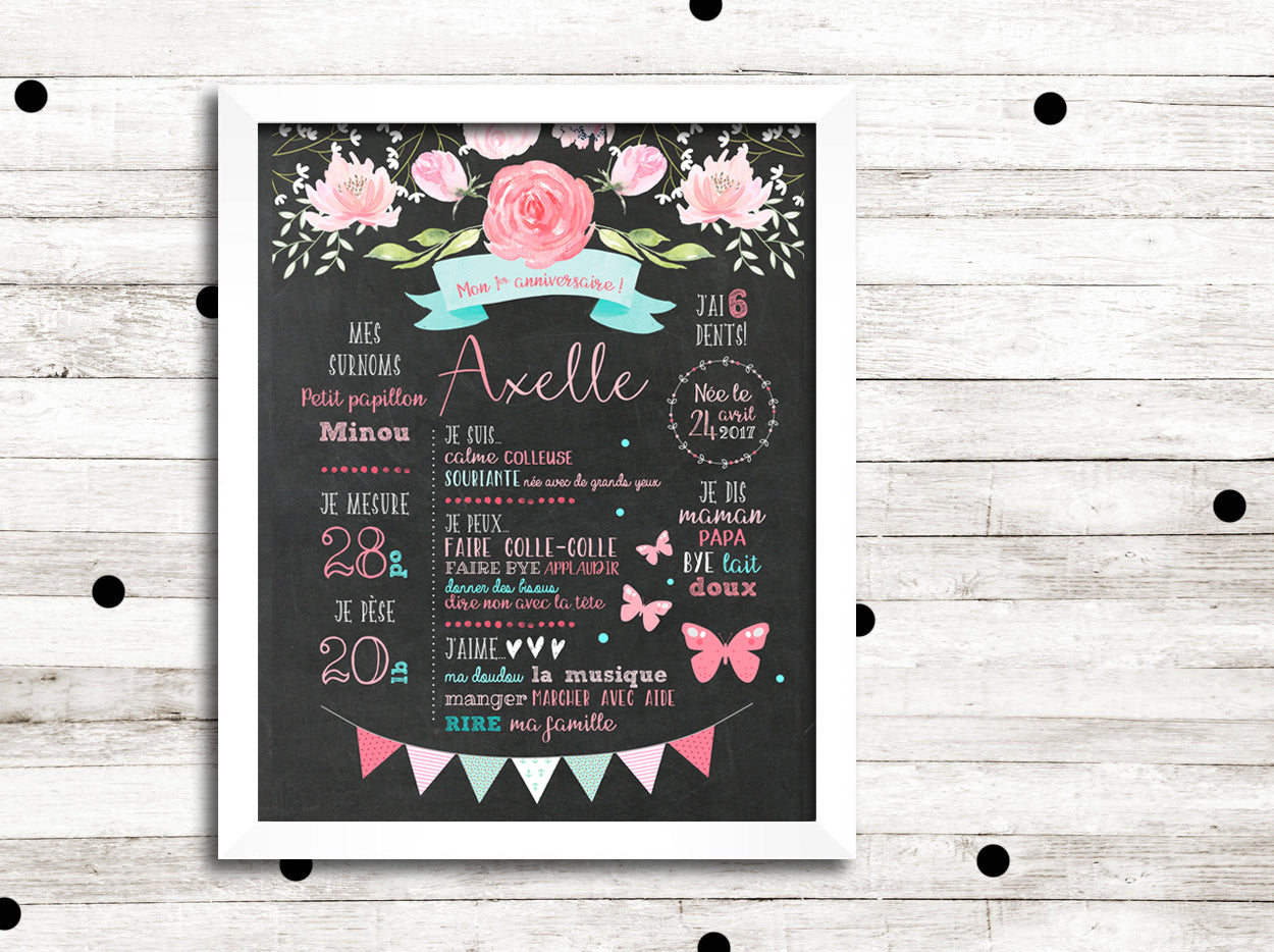 Affiche premier anniversaire "Papillon boho"