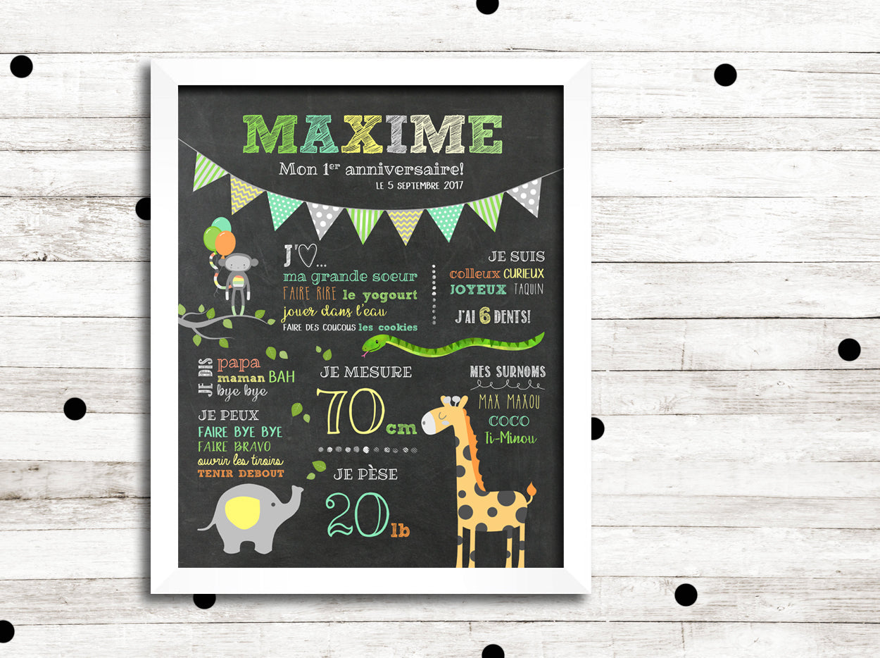 Affiche premier anniversaire "Animaux de la jungle"