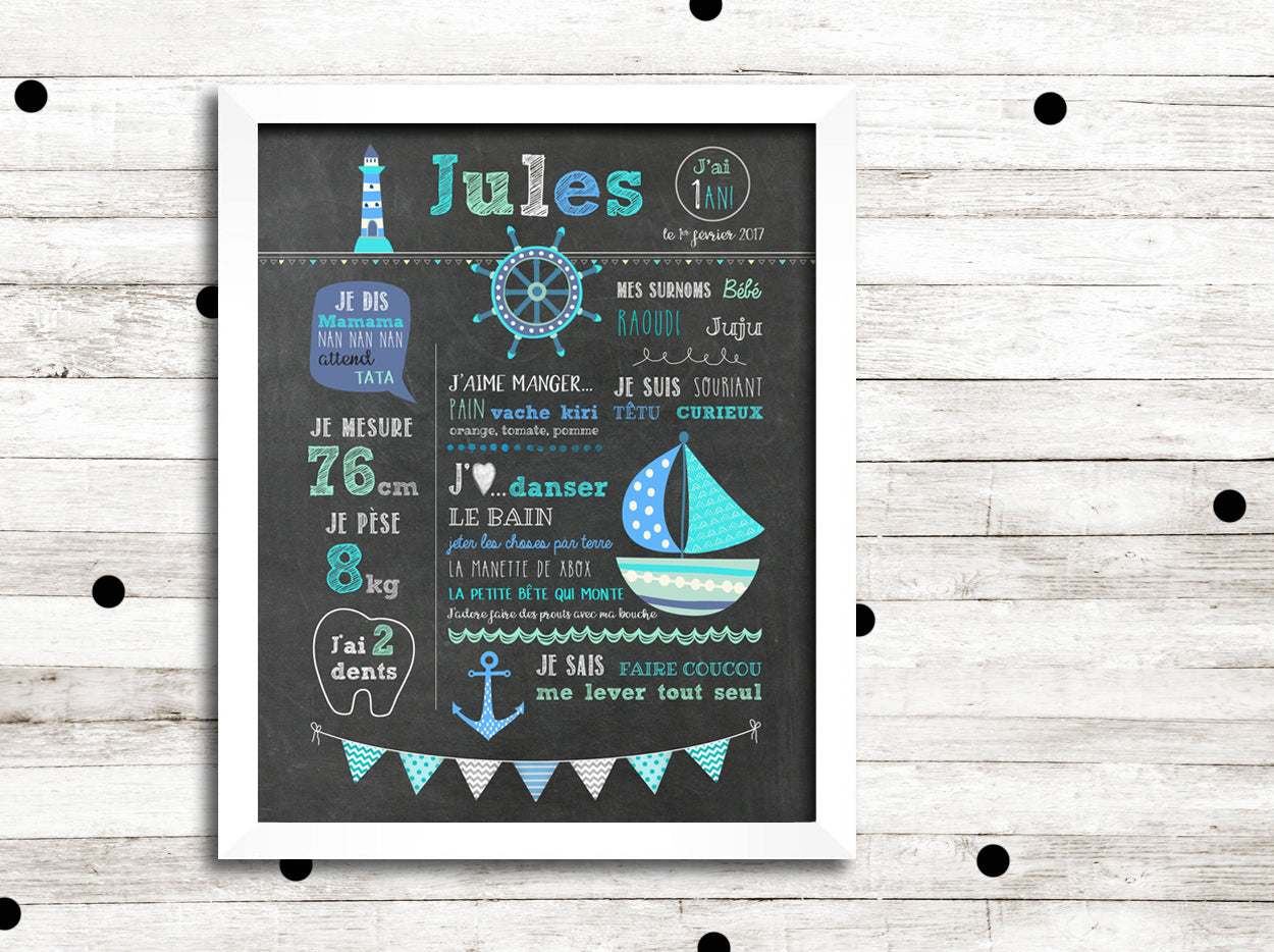 Affiche premier anniversaire "Bateau sur l'eau"