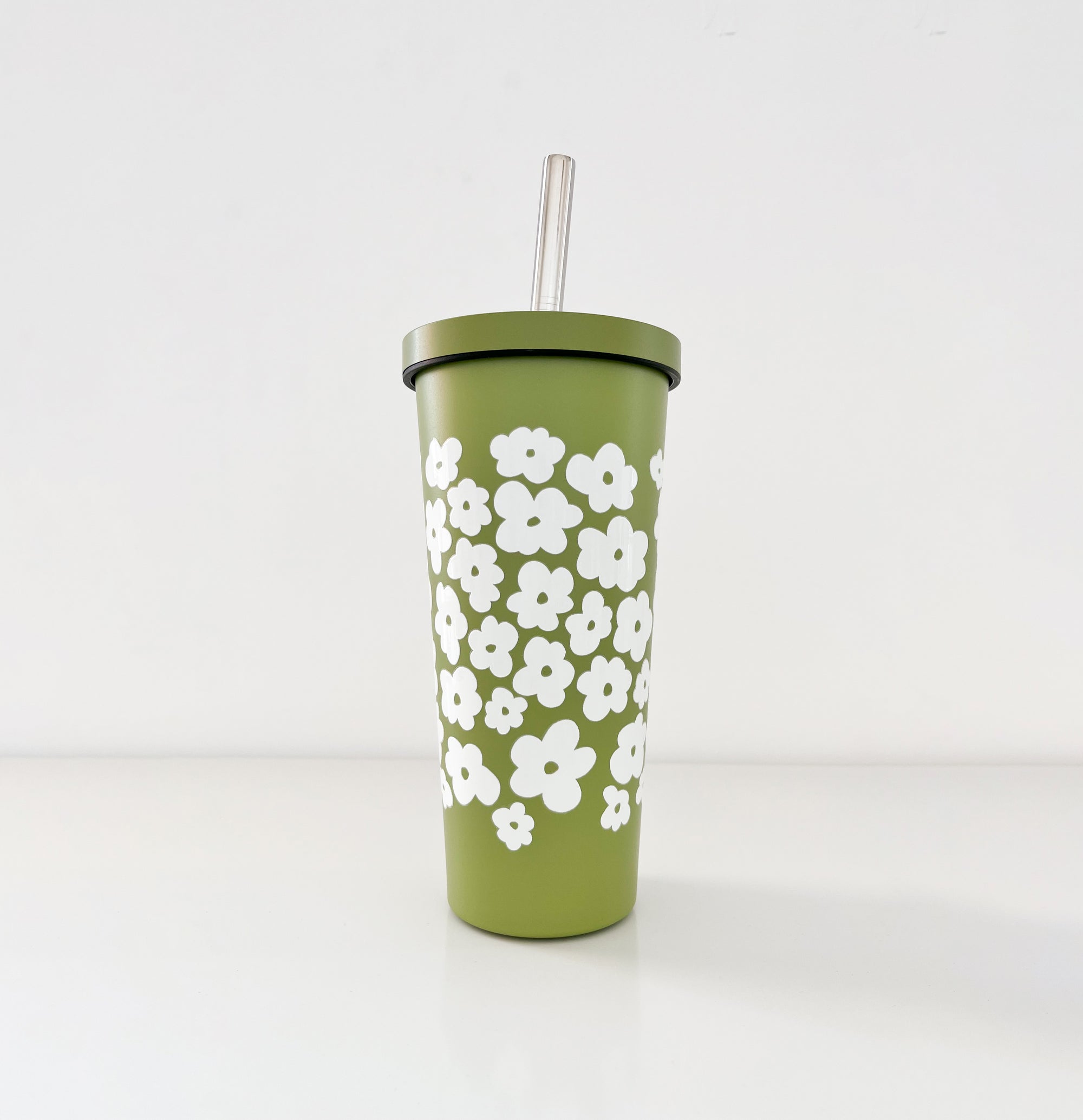 Gobelet 24oz - acier inox vert matcha - champ de fleurs blanc