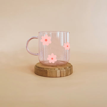 Tasse en verre rose - modèle petites fleurs retro