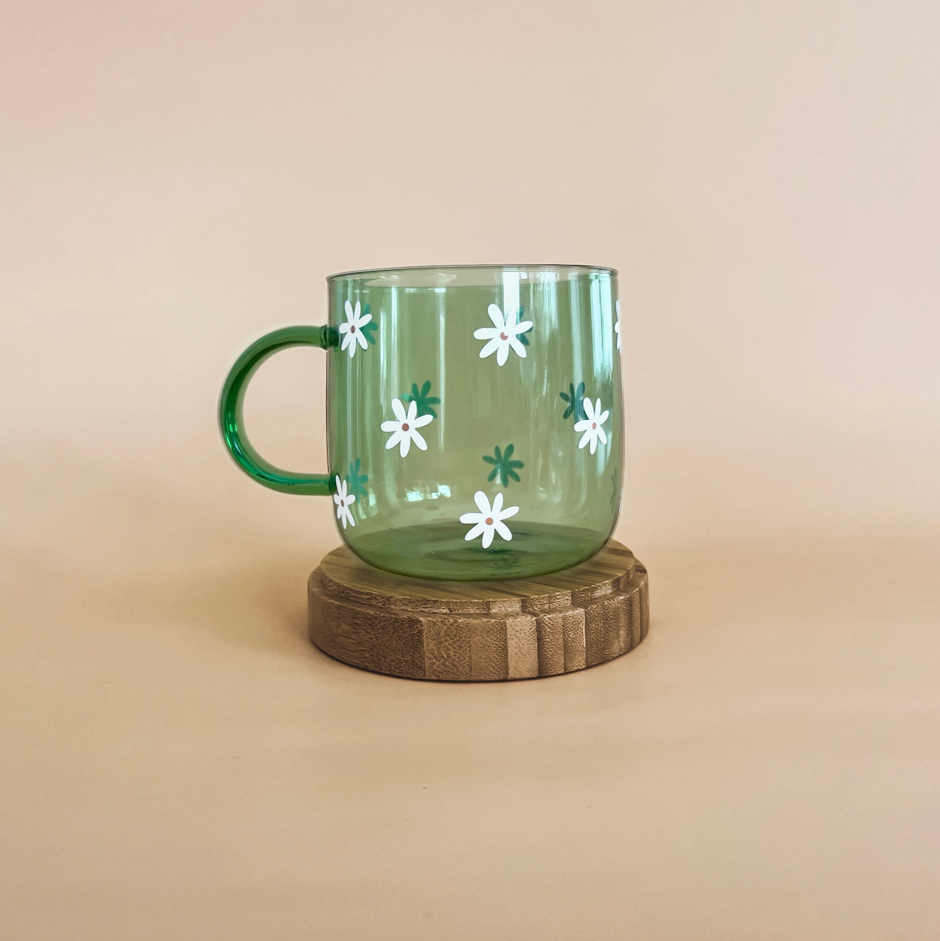 Tasse en verre coloré vert - mini daisy blanc