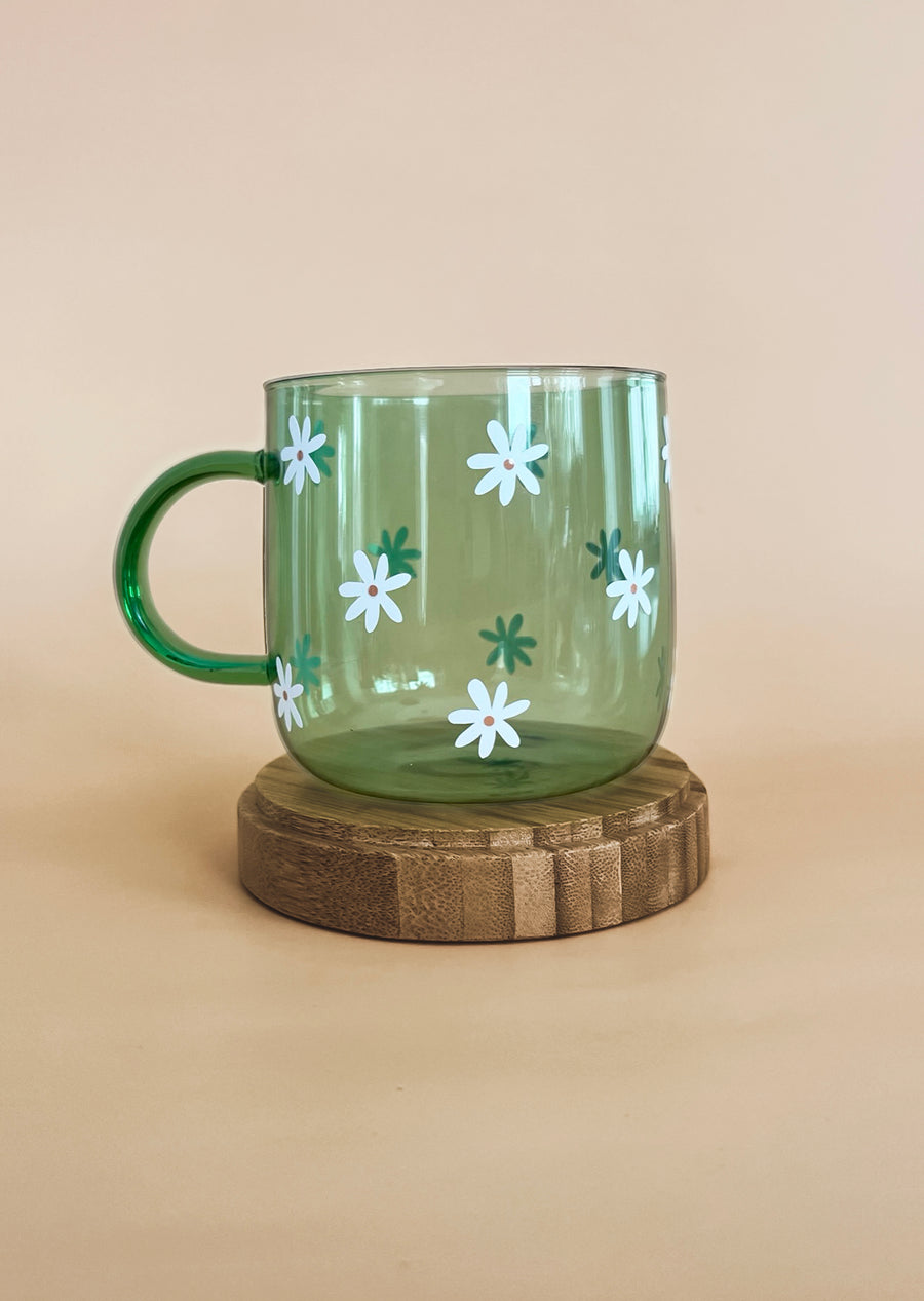 Tasse en verre coloré vert - modèle mini daisy blanc